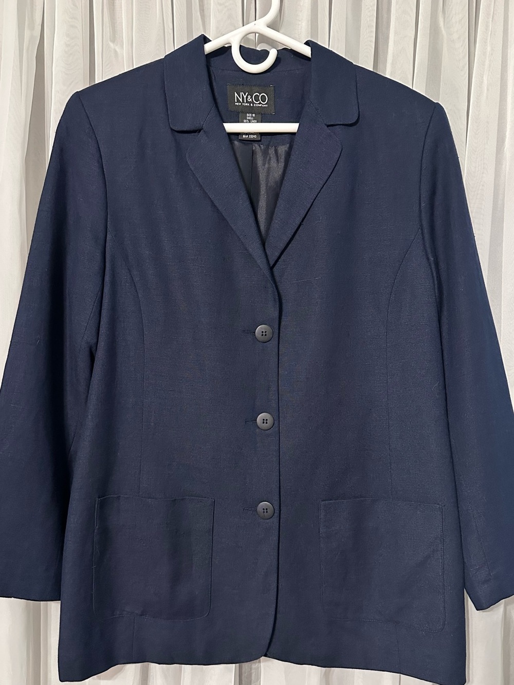 New York & Company Navy Linen Blend 3 Button Front Pocket Blazer Jacket size 10